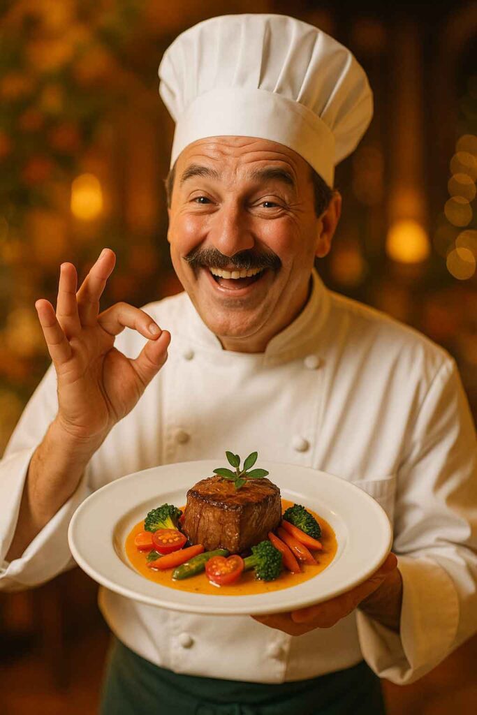 Chef Presenting Filet Mignon with Vegetables | FestiveCook Smiling chef holding plate of filet mignon steak with vegetables