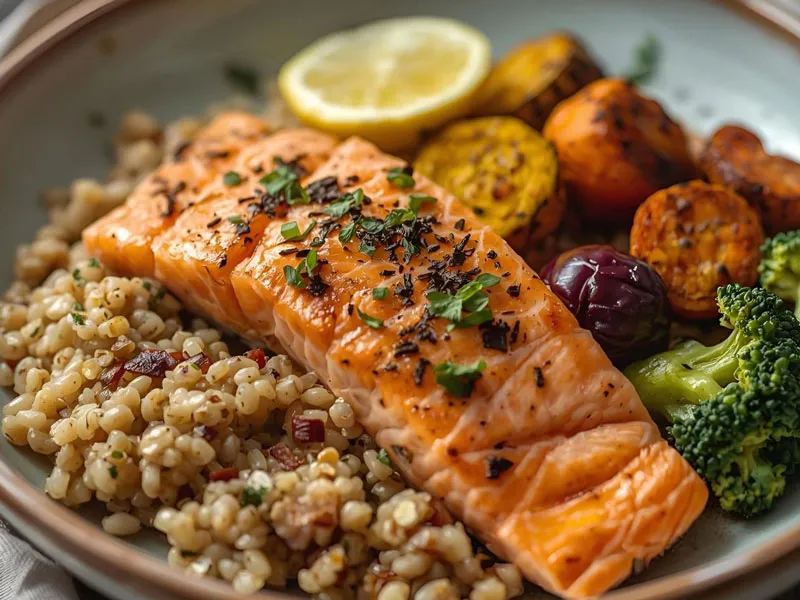 Balanced meal with salmon, quinoa, and roasted vegetables for stable blood sugar.