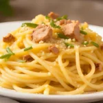 Classic Italian Spaghetti Carbonara on a plate, garnished with cheese and pepper