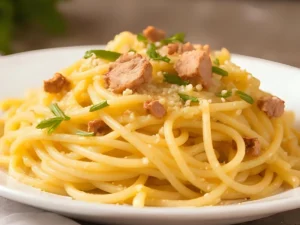 Classic Italian Spaghetti Carbonara on a plate, garnished with cheese and pepper