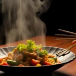 Steaming chicken stir-fry with vegetables served in a black wok.