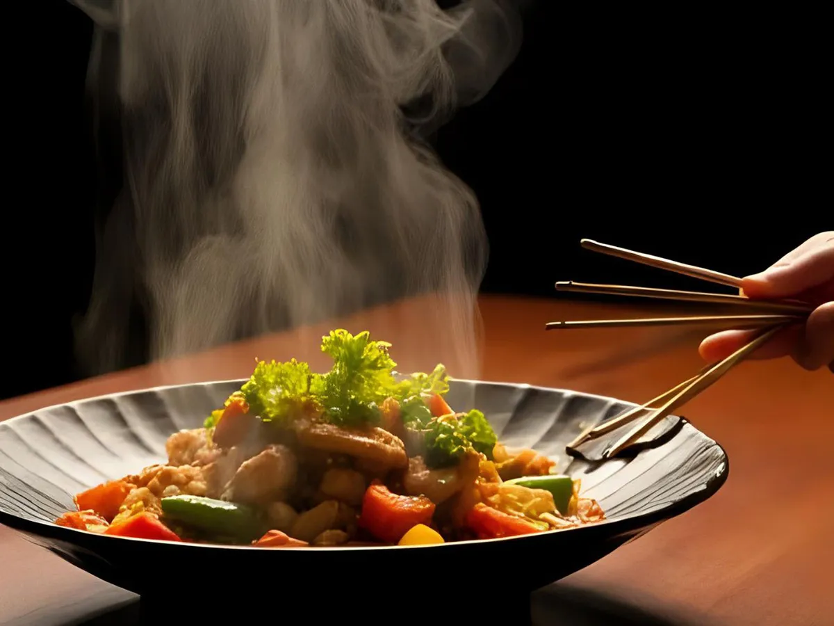 Steaming chicken stir-fry with vegetables served in a black wok.