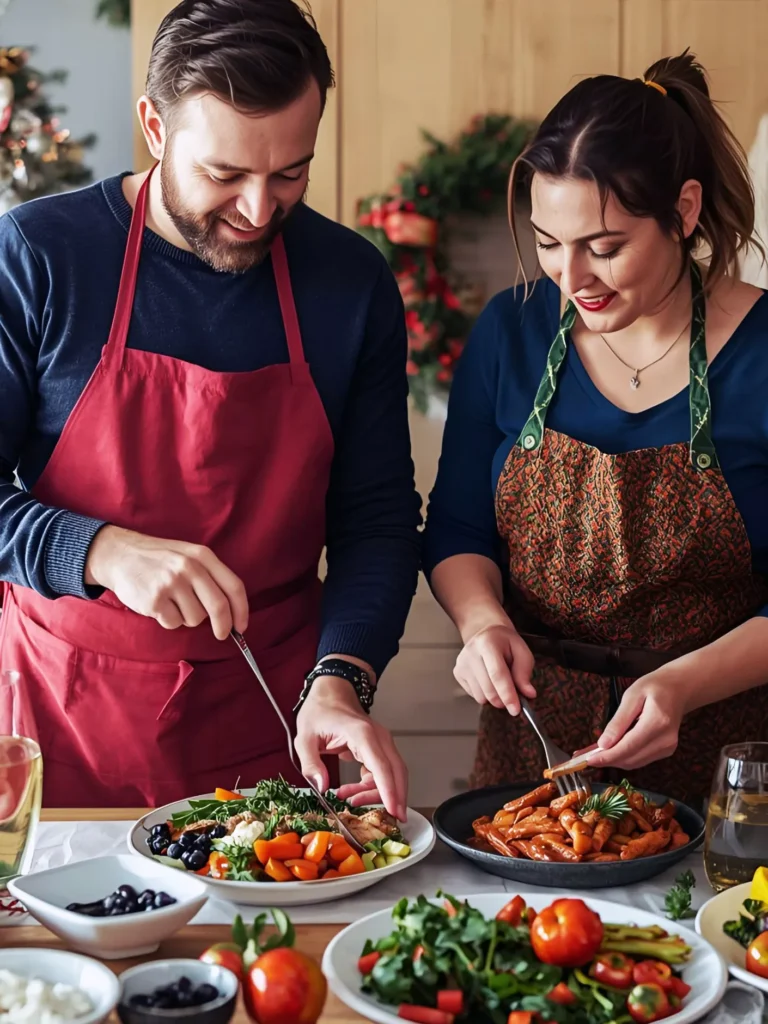 Couple Cooking Dinner Together with Fresh Vegetables | FestiveCook Couple cooking dinner together at home with salads and vegetables.