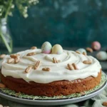 Easter carrot cake with cream cheese frosting and pastel candy eggs.