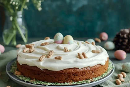 Easter carrot cake with cream cheese frosting and pastel candy eggs.
