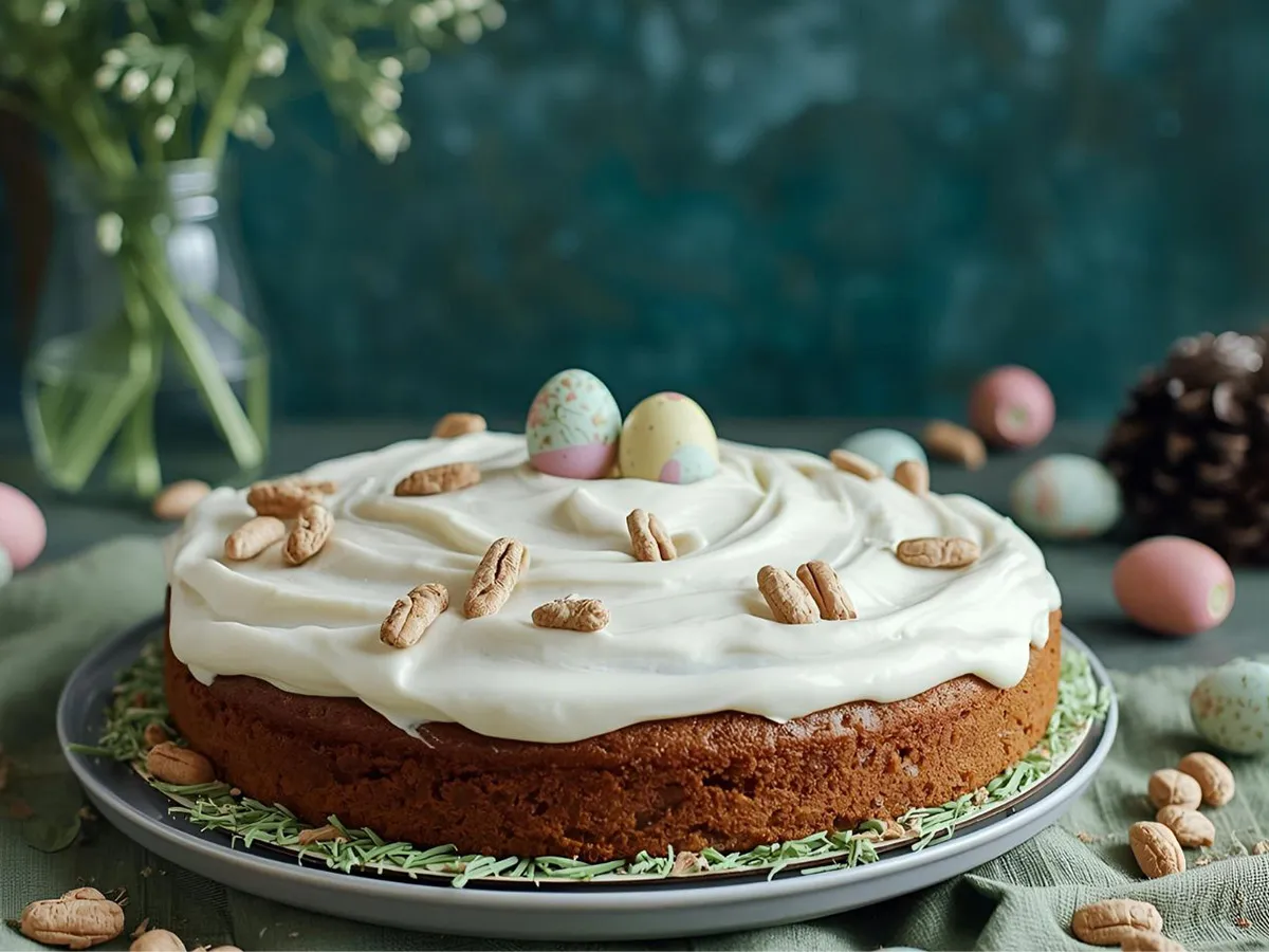 Easter carrot cake with cream cheese frosting and pastel candy eggs.