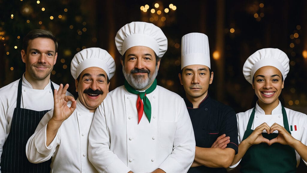 Five international chefs posing in festive holiday atmosphere