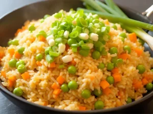 Fried rice with carrots, peas, and green onions in a bowl.