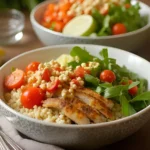 Greek chicken bowl with fresh vegetables, grains, and herbs.