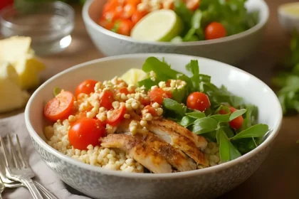Greek chicken bowl with fresh vegetables, grains, and herbs.