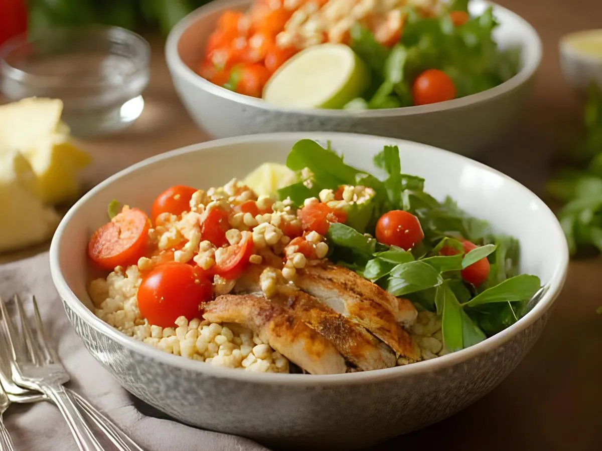 Greek chicken bowl with fresh vegetables, grains, and herbs.