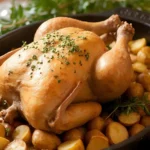 Herb-roasted whole chicken with garlic potatoes in a roasting pan.