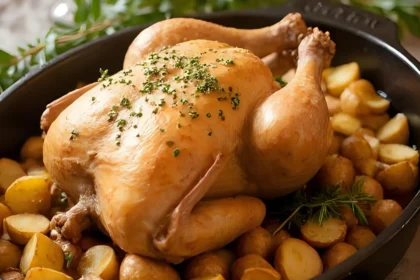 Herb-roasted whole chicken with garlic potatoes in a roasting pan.
