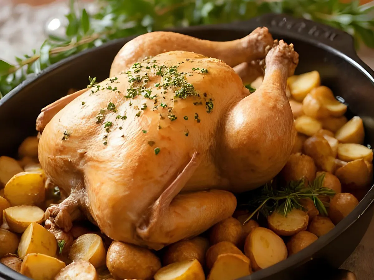 Herb-roasted whole chicken with garlic potatoes in a roasting pan.