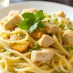 Pasta with chicken, peas, garlic, and lemon garnish.
