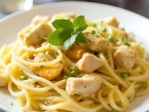 Pasta with chicken, peas, garlic, and lemon garnish.