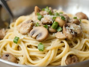 Spaghetti pasta topped with mushrooms, parmesan, and herbs.