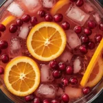 Top view of cranberry punch with orange slices and ice cubes in a glass bowl.