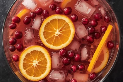 Top view of cranberry punch with orange slices and ice cubes in a glass bowl.