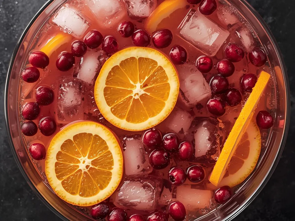 Top view of cranberry punch with orange slices and ice cubes in a glass bowl.