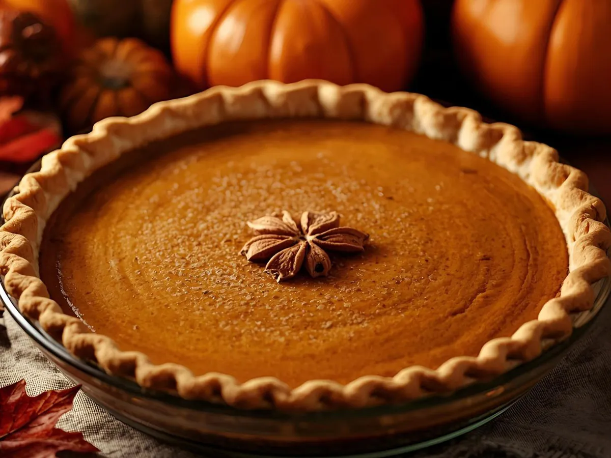 Pumpkin pie with spiced filling and flaky crust.