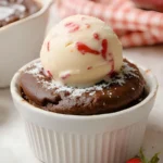 Chocolate lava cake topped with ice cream in white ramekin.