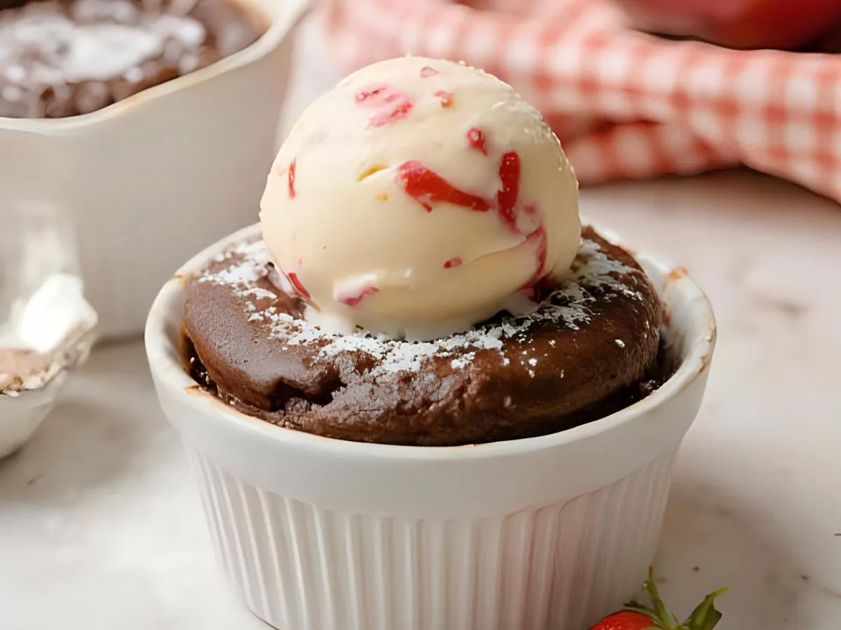 Chocolate lava cake topped with ice cream in white ramekin.