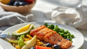 Balanced meal with salmon, quinoa, and roasted vegetables for healthy blood sugar management.