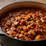 A pot of hearty one-pot beef chili filled with beef and vegetables