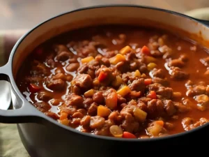 A pot of hearty one-pot beef chili filled with beef and vegetables