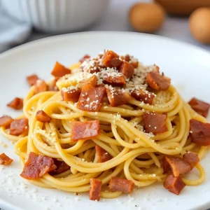 Classic spaghetti carbonara topped with crisp guanciale and grated pecorino.