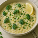 Vegan creamy lemon broccoli orzo in a white bowl, silky sauce, lemon zest and parsley, natural daylight