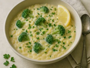 Vegan creamy lemon broccoli orzo in a white bowl, silky sauce, lemon zest and parsley, natural daylight