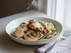 Creamy Tuscan chicken with spinach and sun-dried tomatoes tossed with zucchini noodles in a white bowl, natural daylight