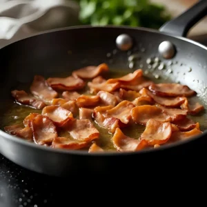 Guanciale sizzling in a skillet until crisp and golden.