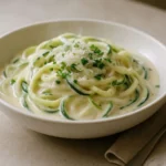 Zucchini noodles tossed in creamy garlic Alfredo sauce, topped with parsley