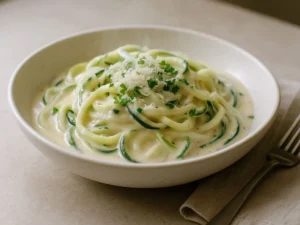 Zucchini noodles tossed in creamy garlic Alfredo sauce, topped with parsley