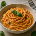 Vegan one-pot creamy tomato basil pasta in a white bowl, silky sauce, fresh basil garnish, natural daylight