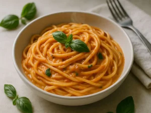 Vegan one-pot creamy tomato basil pasta in a white bowl, silky sauce, fresh basil garnish, natural daylight