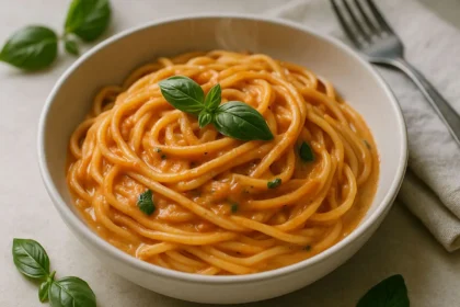 Vegan one-pot creamy tomato basil pasta in a white bowl, silky sauce, fresh basil garnish, natural daylight
