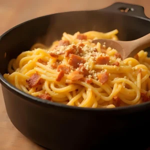 Egg and cheese mixture tossed with hot pasta to form a silky carbonara sauce.