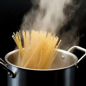 Spaghetti boiling in a salted pot until al dente for carbonara.