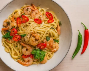 15-minute garlic butter shrimp pasta with juicy shrimp, chili flakes, and fresh parsley in a white bowl