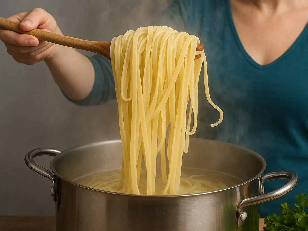 Person lifting freshly cooked al dente spaghetti from a pot with steam rising.