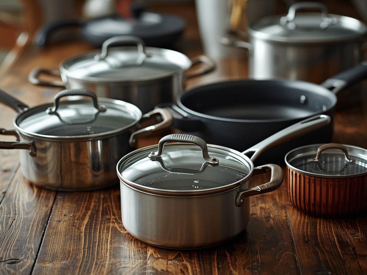 Assorted pots and pans arranged on a wooden kitchen table, showing the basic cookware set you need for easy one-pot meals as a beginner.