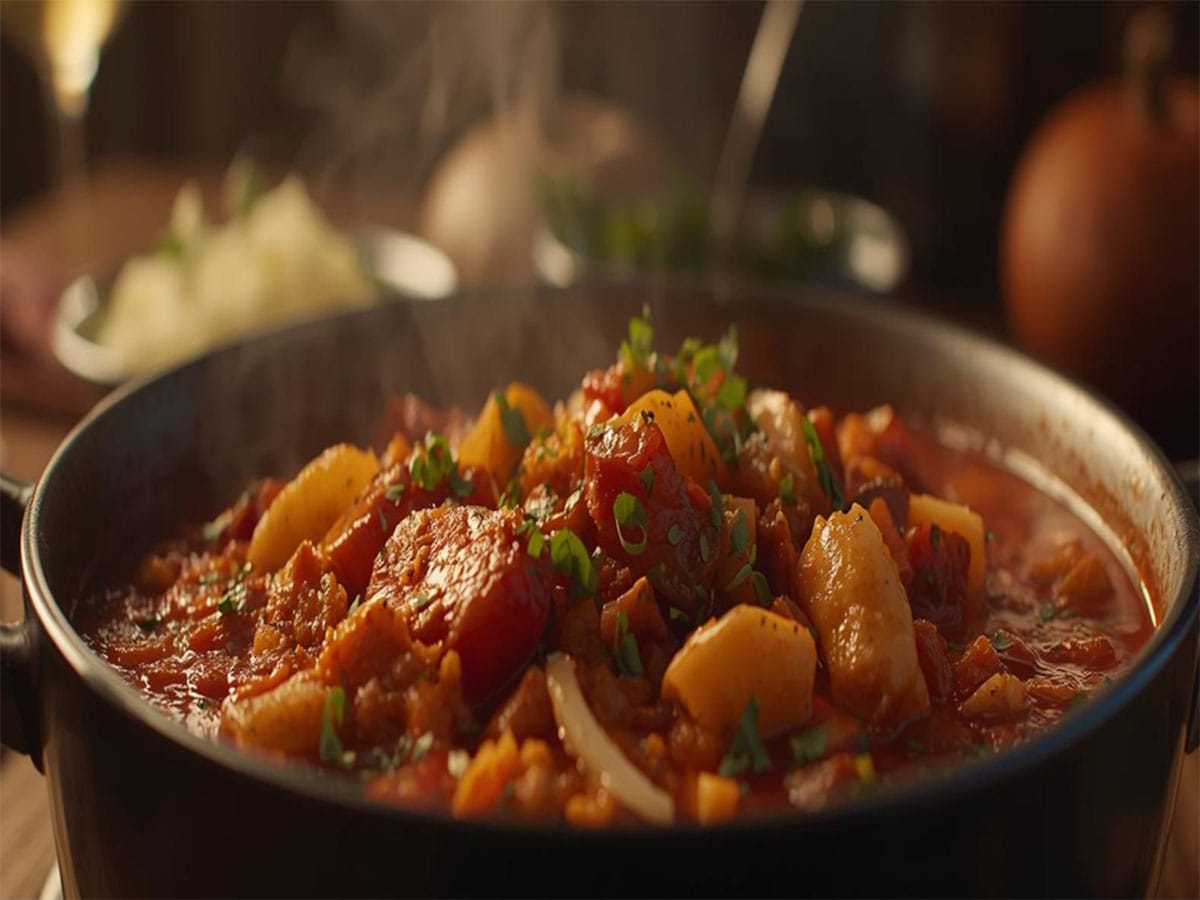 Steaming one-pot vegetable stew simmering in a skillet, topped with fresh herbs – an easy beginner one-pot meal.