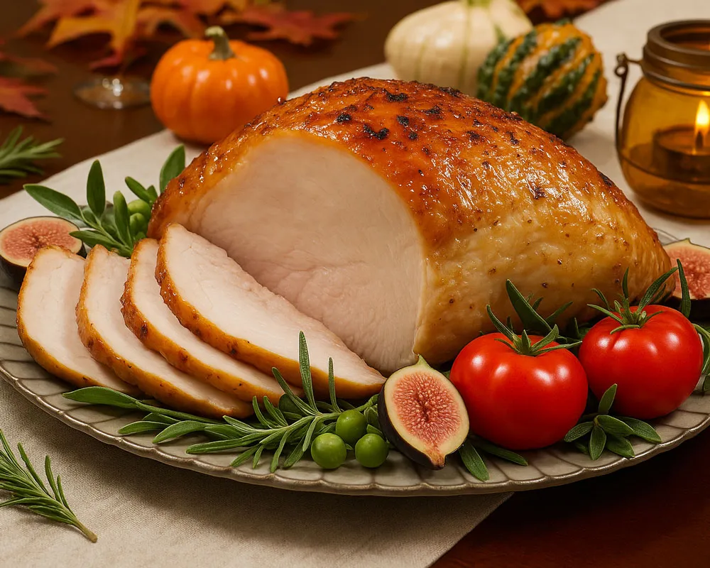 Easy Thanksgiving herb-roasted turkey breast sliced on a platter with fresh herbs and lemon wedges