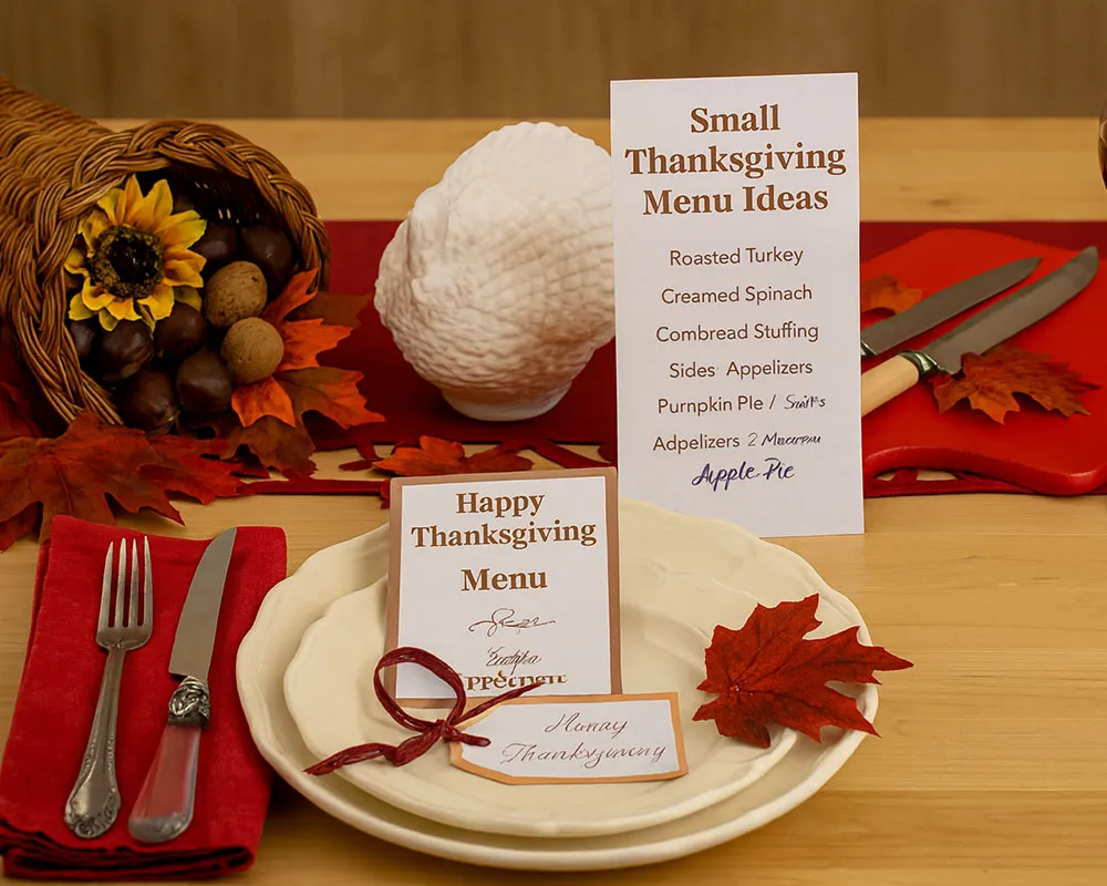 Small Thanksgiving Menu Ideas (Tips for 2–6 People) Small Thanksgiving menu with turkey breast, potatoes, pumpkin pie, and cranberry punch on a cozy table