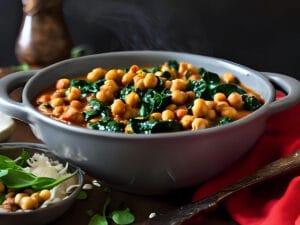 Bowl of smoky vegan chickpea and spinach stew with parsley on top
