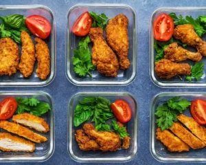 Overhead view of chicken meal prep bowls with rice and vegetables packed for the week